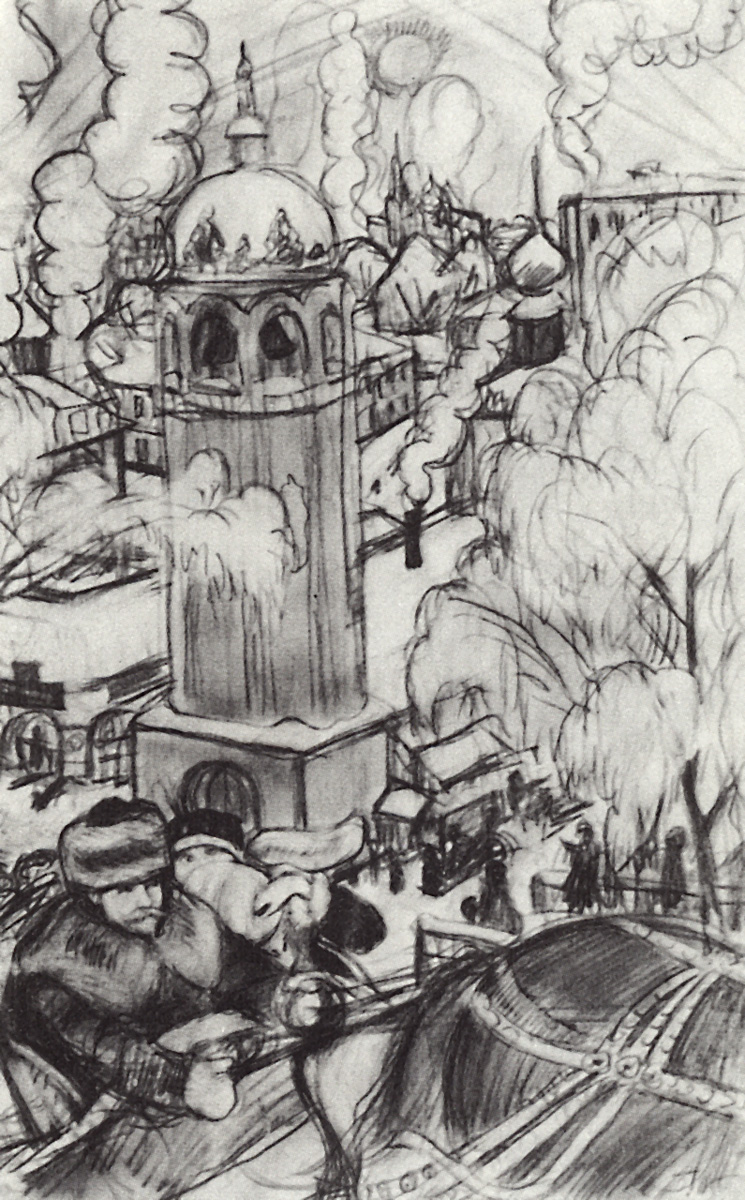 Кустодиев Б.. Автопортрет с женой (в санях). 1918