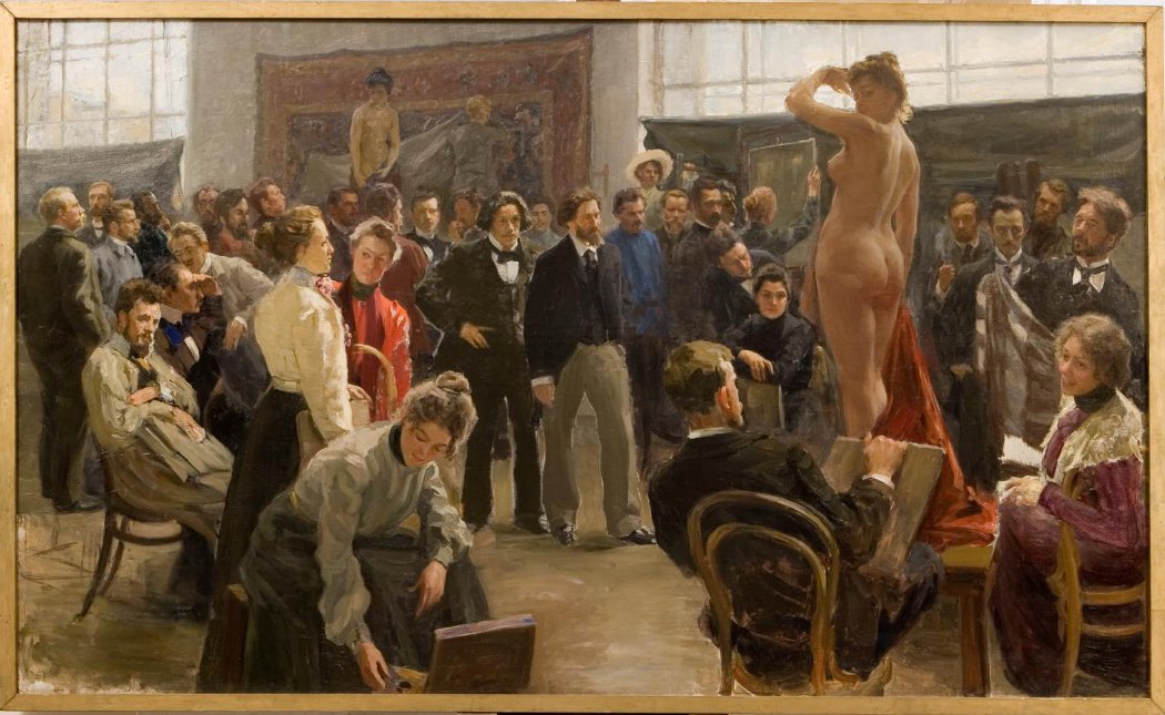 Кустодиев Б.. Постановка модели в мастерской И.Е.Репина в Академии художеств. 1899