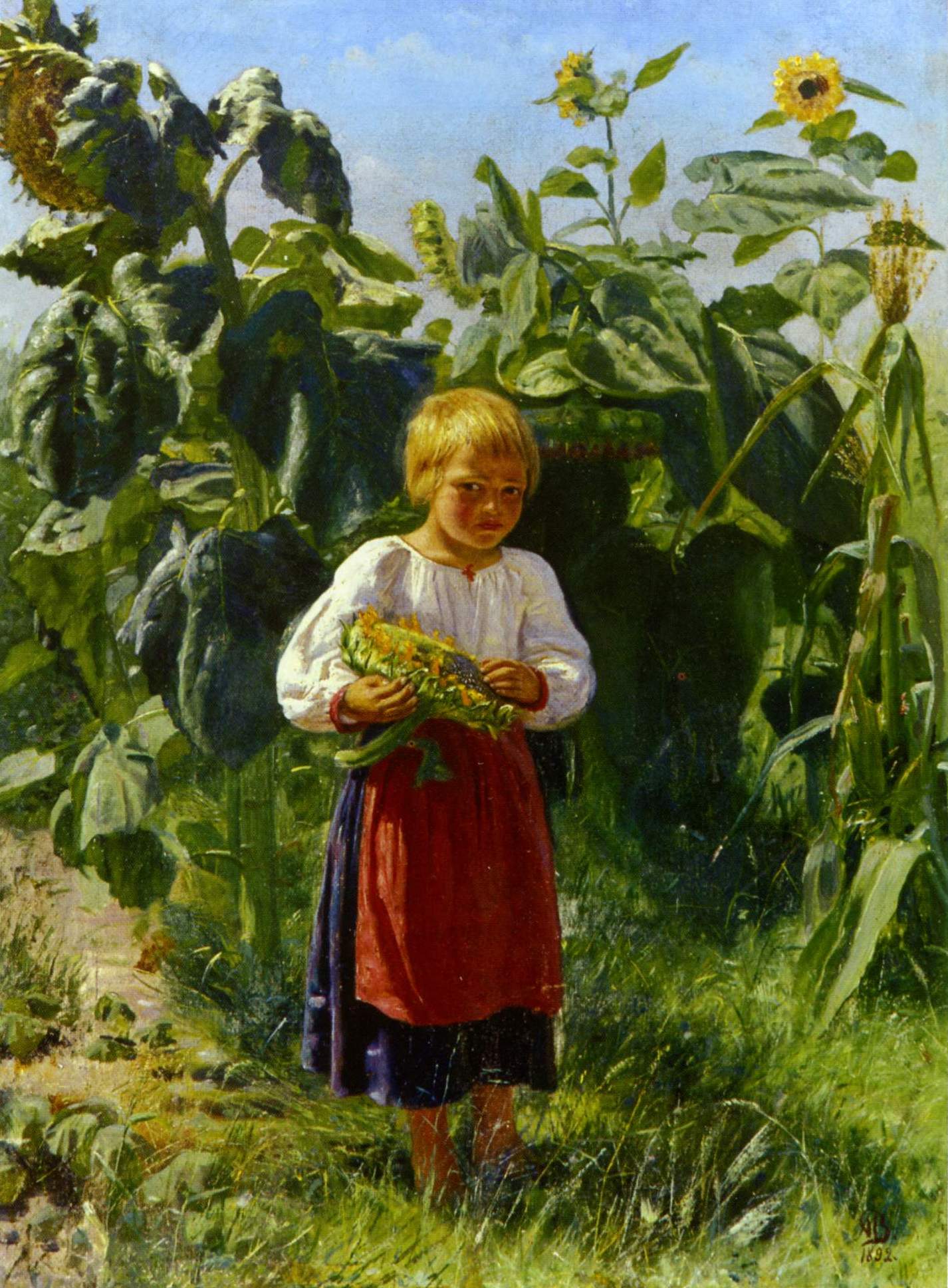 Неизвестный художник второй пол. XIX в.. Девочка с подсолнухом. 1892