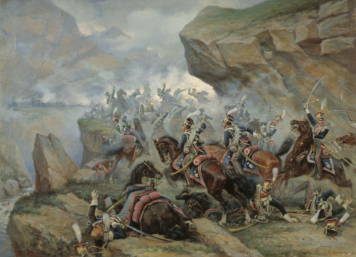 Мазуровский. Атака 1-го Гвардейского польского уланского полка на испанскую батарею в сражении при Сомо-Сьерре 30 ноября 1808 года. 1900