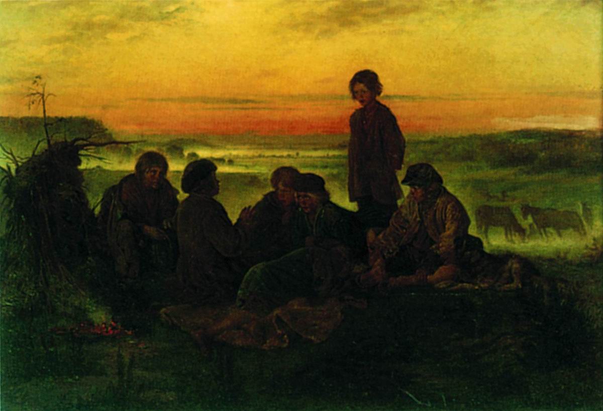 Маковский В.. Крестьянские мальчики в ночном стерегут лошадей. 1869