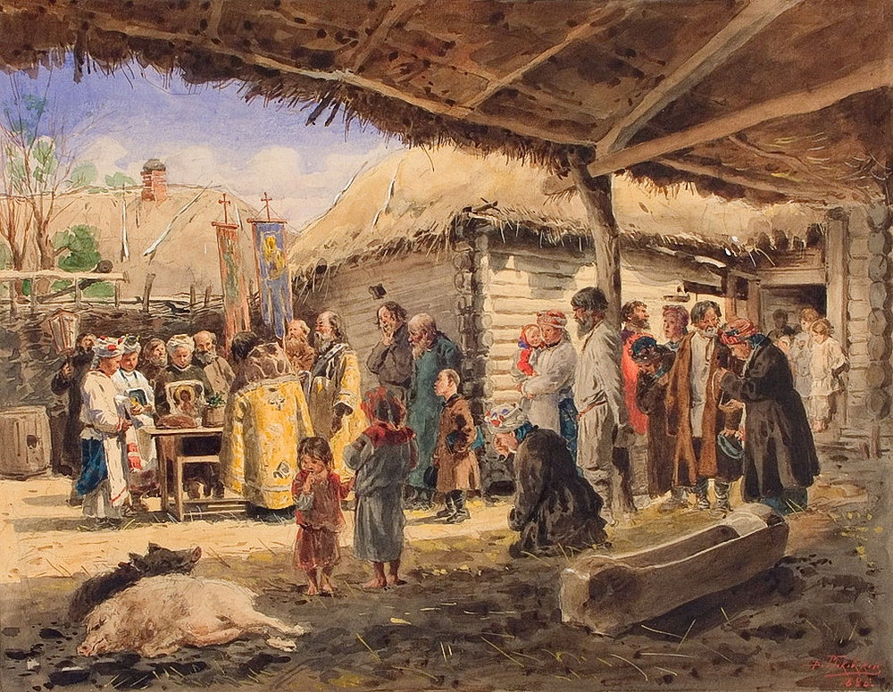 Маковский В.. Молебен на крестьянском дворе в Малороссии. 1886