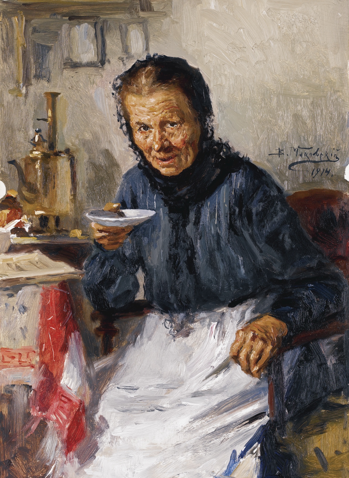 Маковский В.. Старушка, пьющая чай. 1914