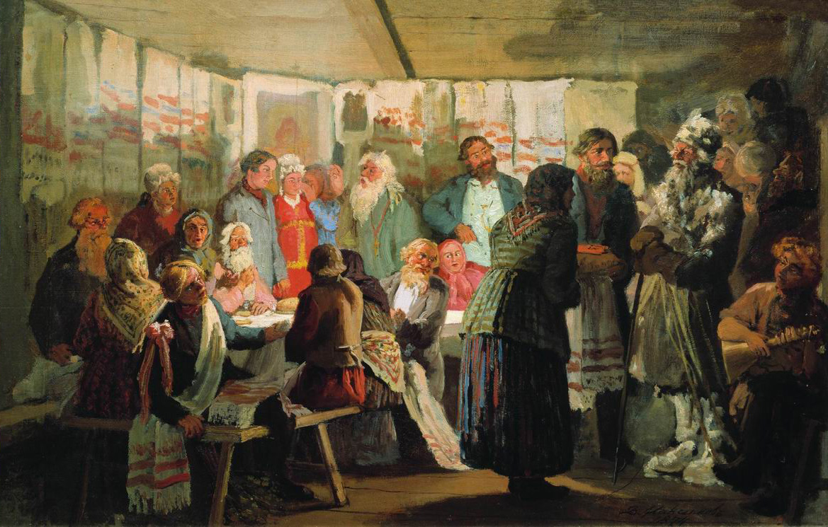Максимов В.. Приход колдуна на крестьянскую свадьбу. 1874