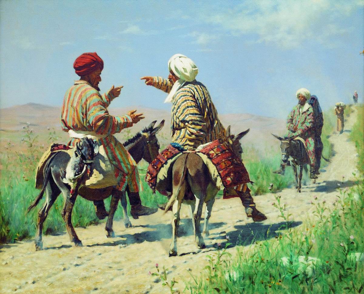 Верещагин В.В.. Мулла Рахим и мулла Керим по дороге на базар ссорятся. 1873