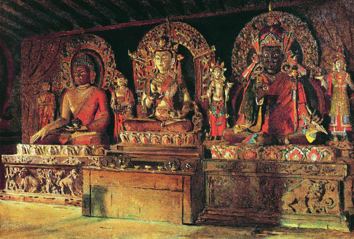 Верещагин В.В.. Три главных божества в буддийском монастыре Чингачелинг в Сиккиме. 1875