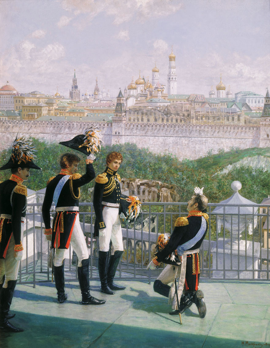 Матвеев Н.. Король Прусский Фридрих Вильгельм III с сыновьями благодарит Москву за спасение его государства. 1896