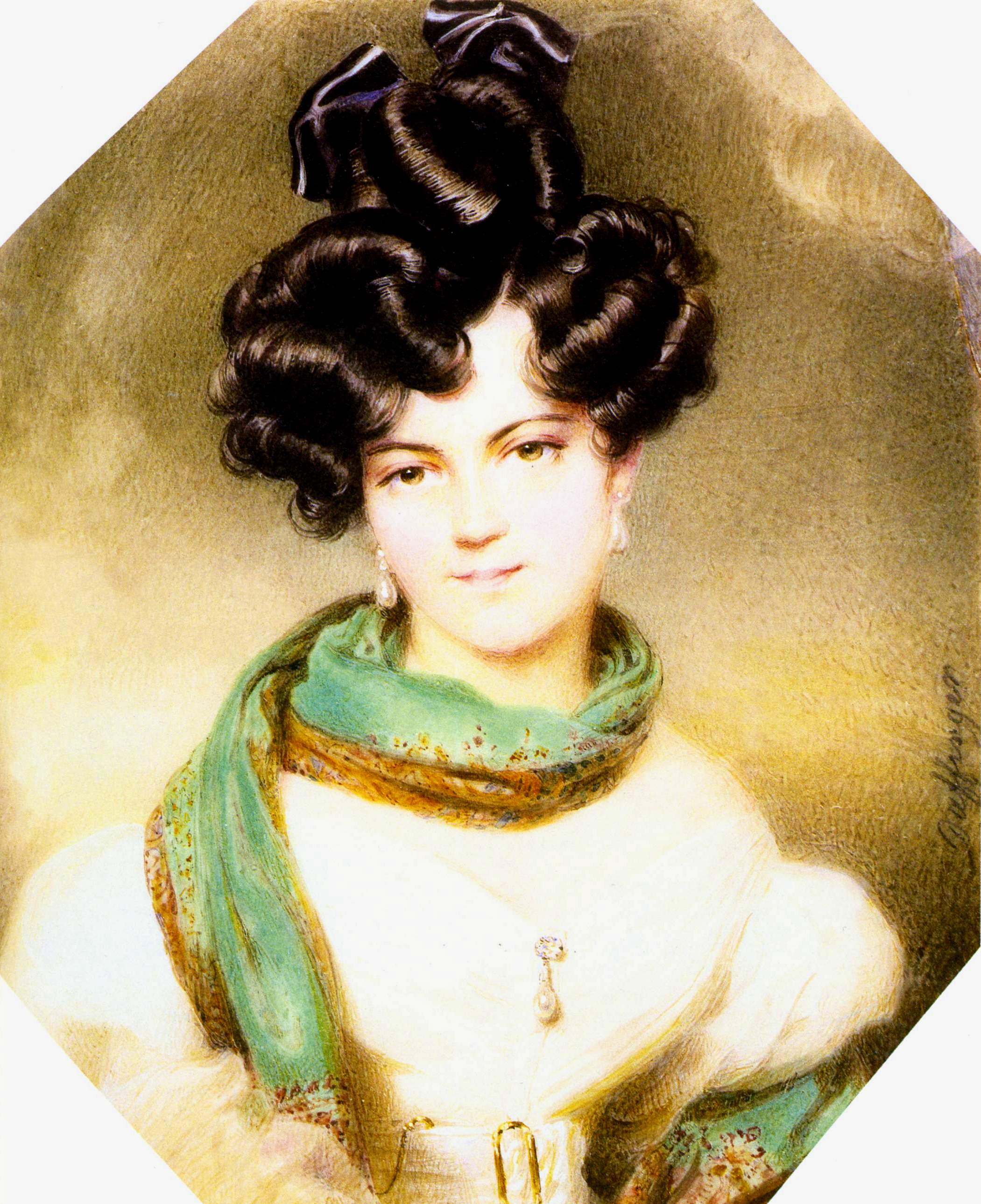 Даффингер. Портрет дамы в белом платье с голубым шарфом. Около 1831