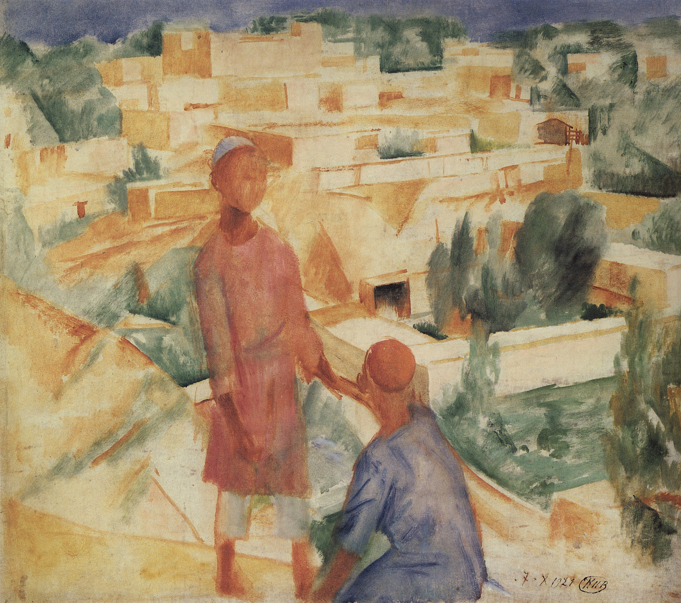 Петров-Водкин. Мальчики на фоне города. 1921