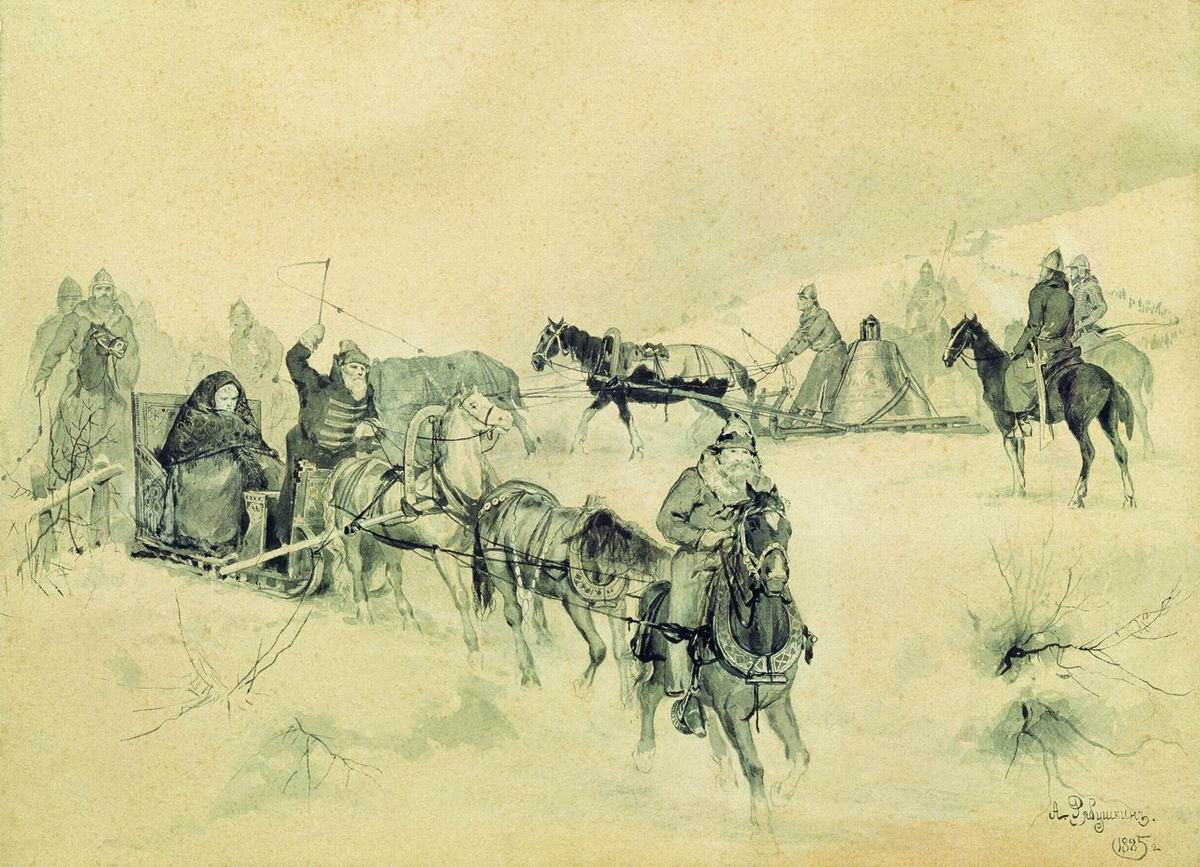 Рябушкин. Проезд Марфы Посадницы и вечного колокола. 1885-1886