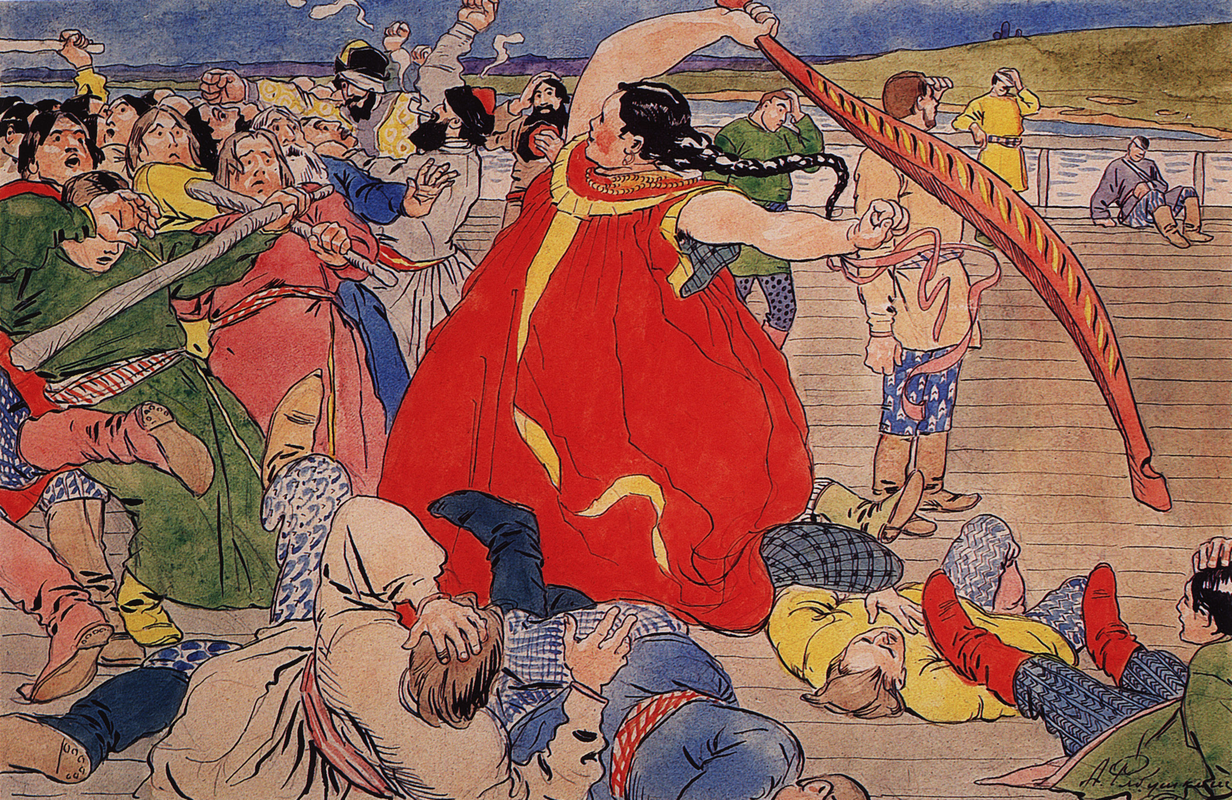 Рябушкин. Девушка-чернавушка побивает мужиков новгородских. 1898