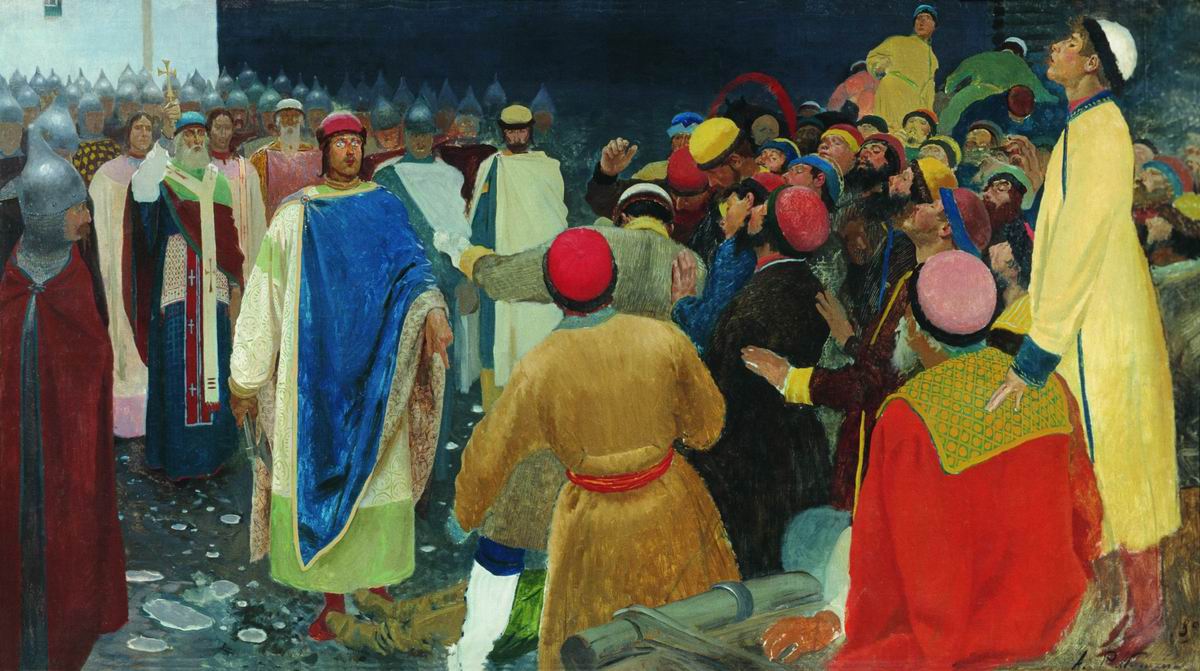 Рябушкин. Князь Глеб Святославович убивает волхва на Новгородском вече (Княжий суд). 1898