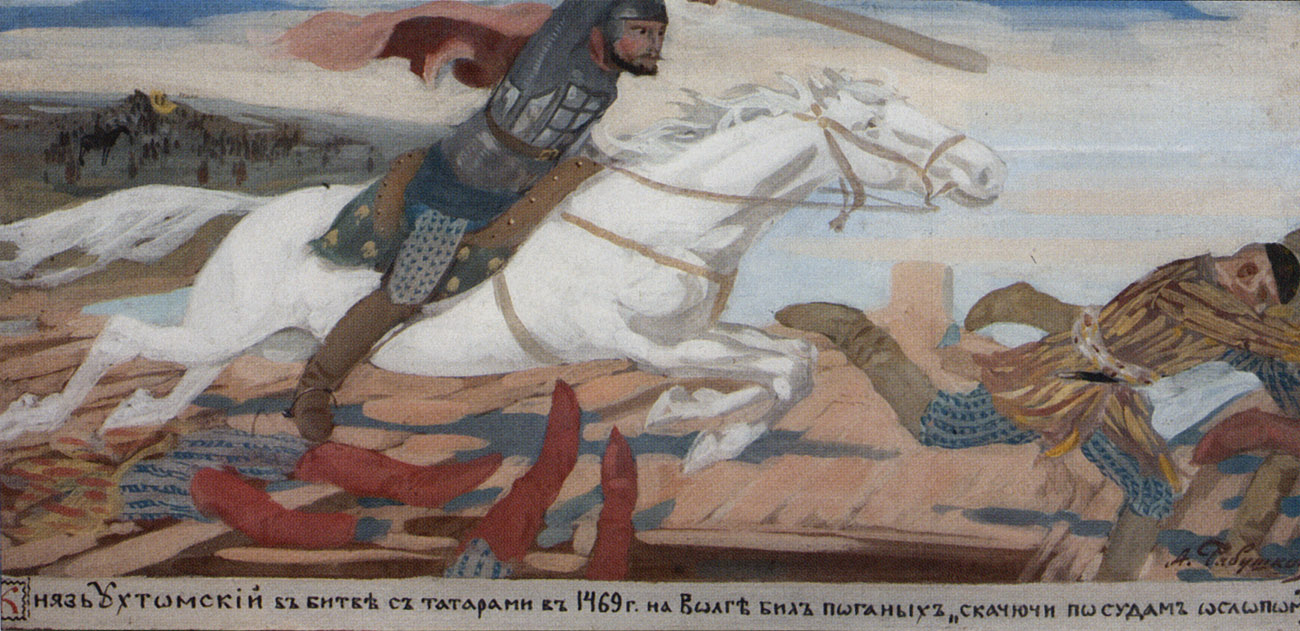 Рябушкин. Князь Ухтомский в битве с татарами на Волге в 1469 году. 1904