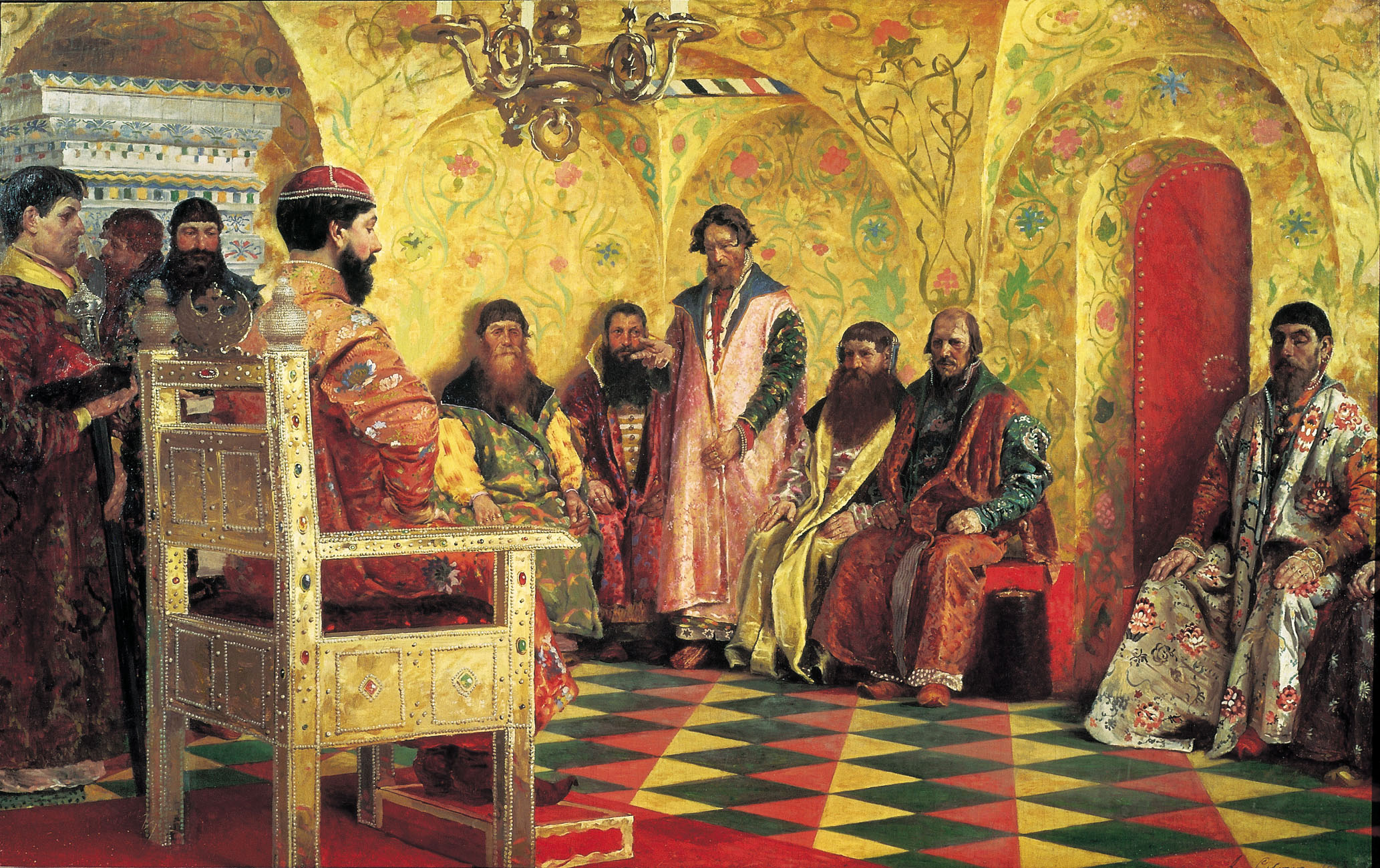 Рябушкин. Сидение царя Михаила Фёдоровича с боярами в его государевой комнате. 1893