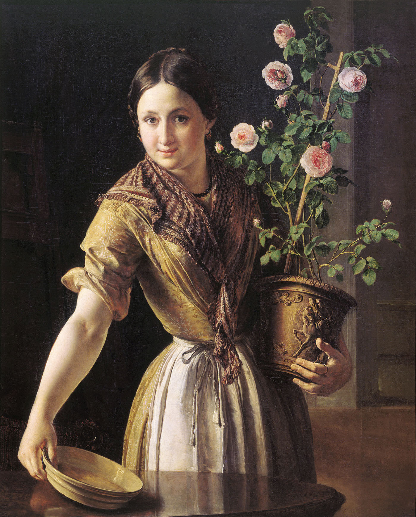 Тропинин. Девушка с горшком роз. 1850