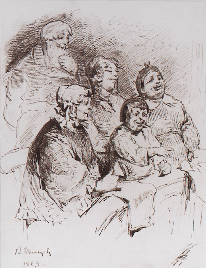 Васнецов В.. Купеческое семейство в театре. 1869
