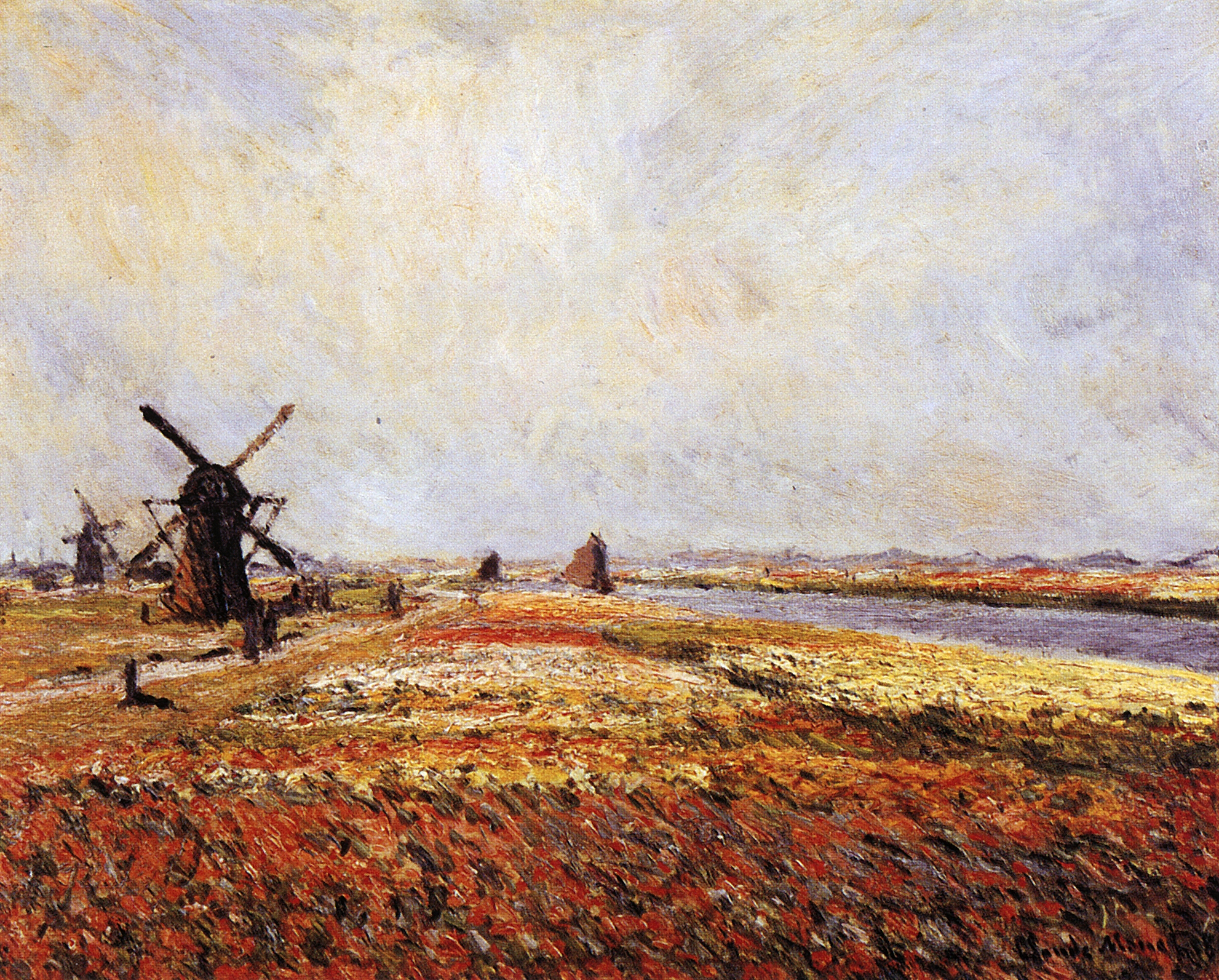 Моне Клод. Цветочное поле и ветряные мельницы в окрестностях Лейдена. 1886