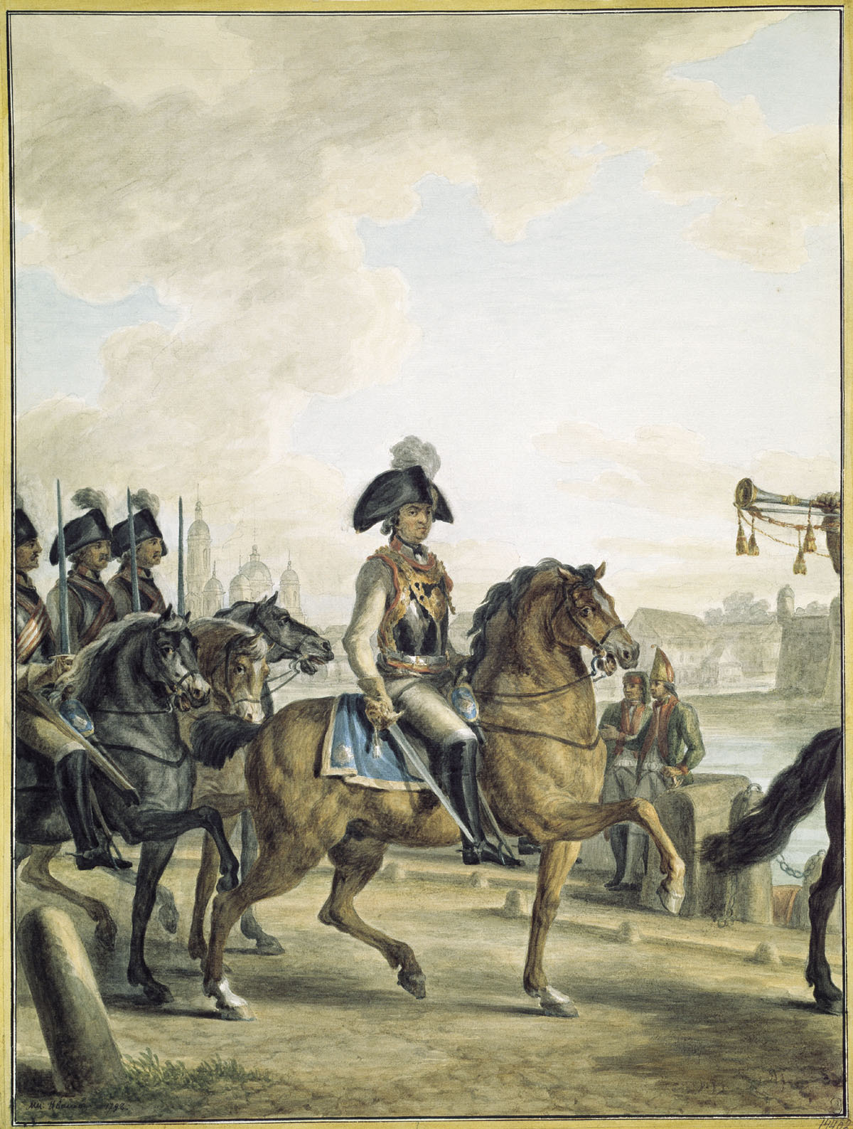 Иванов М.М.. Князь Потемкин-Таврический с кавалерийским отрядом на набережной Невы. 1798
