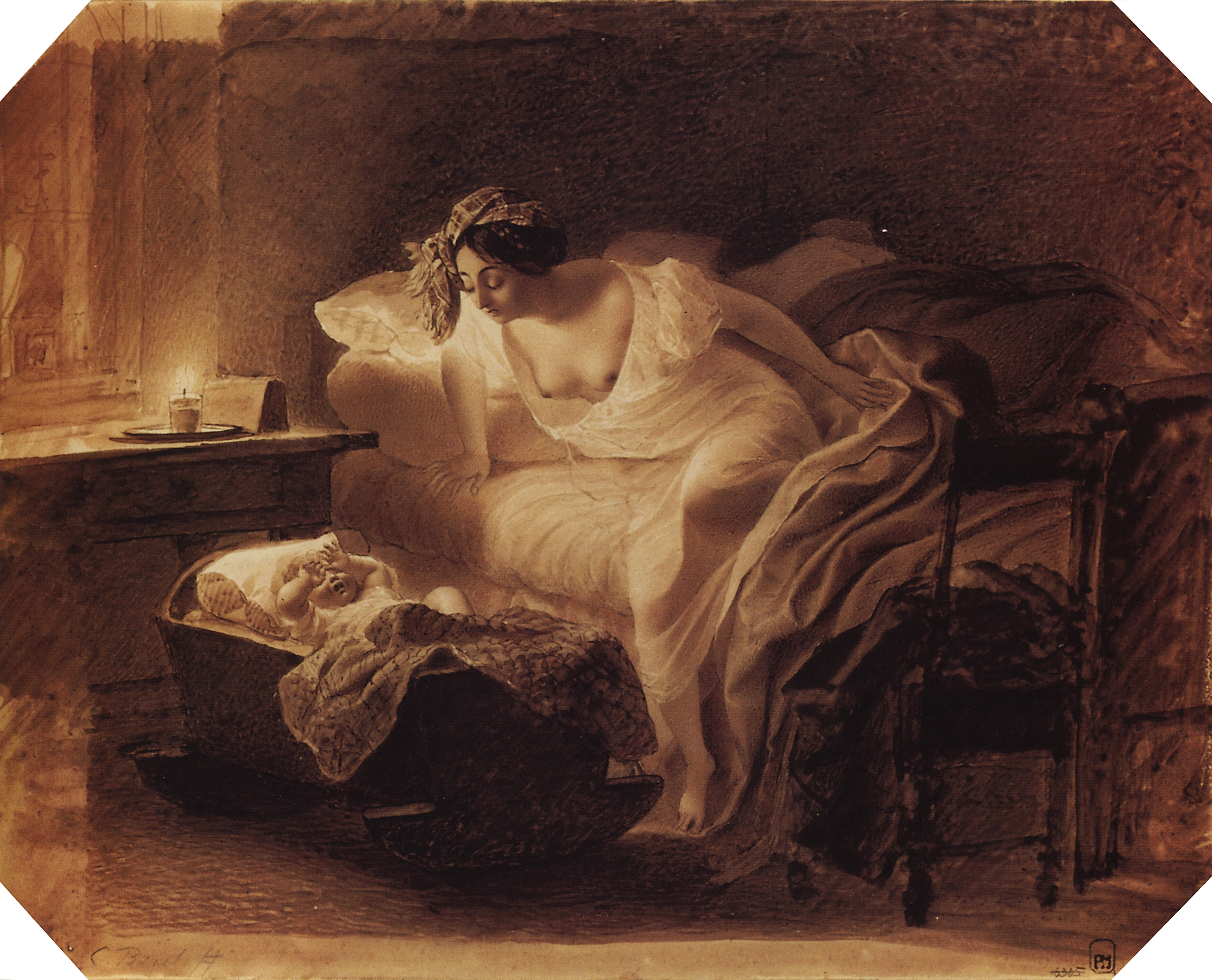 Брюллов К.. Мать, просыпающаяся от плача ребенка. 1831