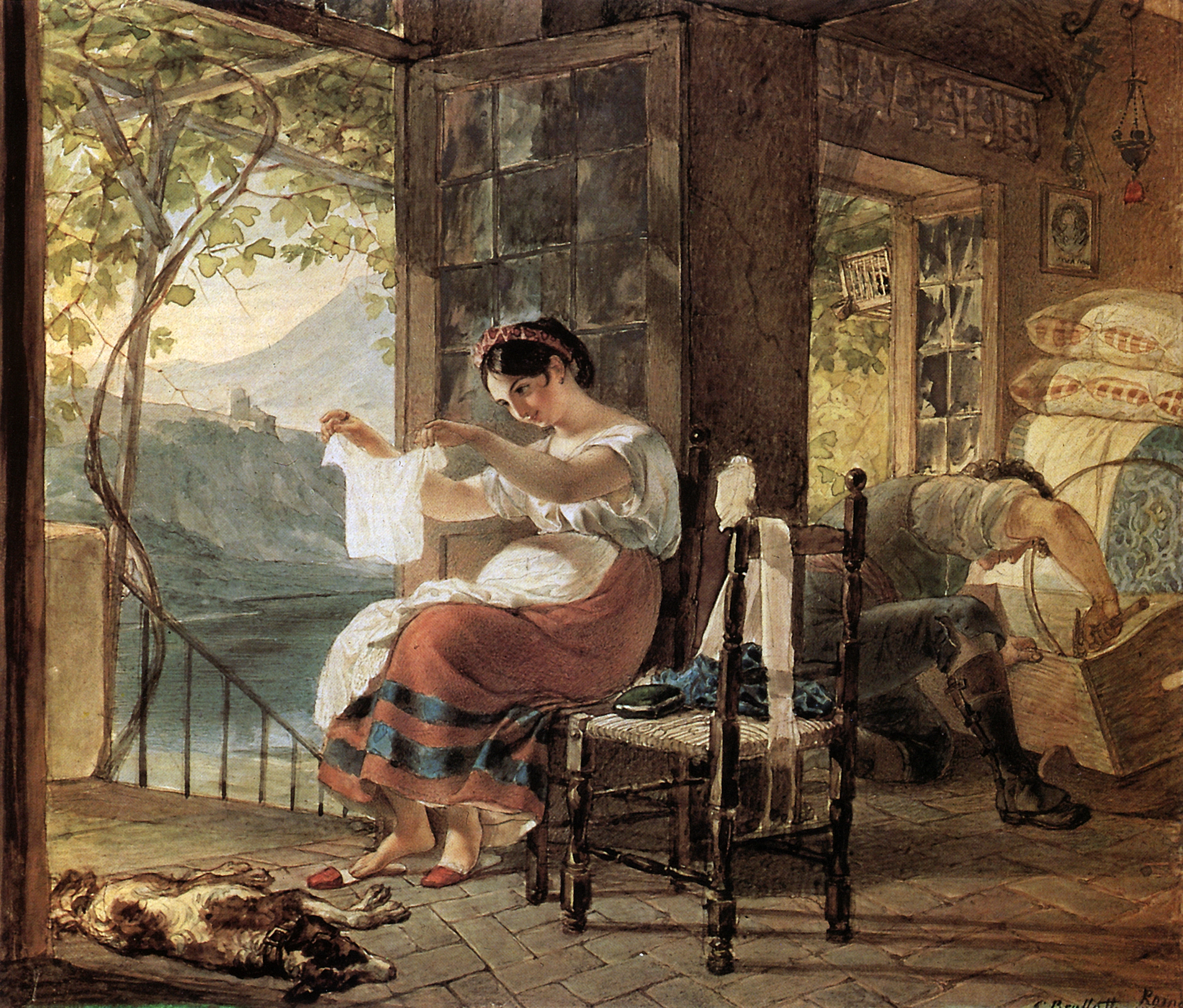 Брюллов К.. Итальянка, ожидающая ребенка, разглядывает рубашку, муж сколачивает колыбель. 1831