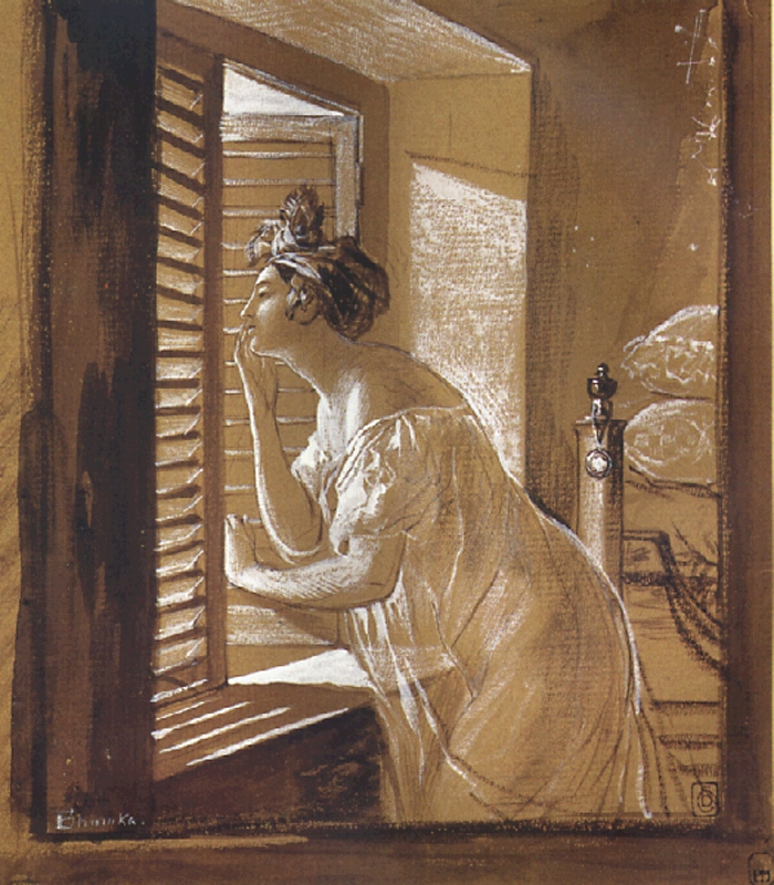 Брюллов К.. Женщина, посылающая поцелуй из окна. 1826