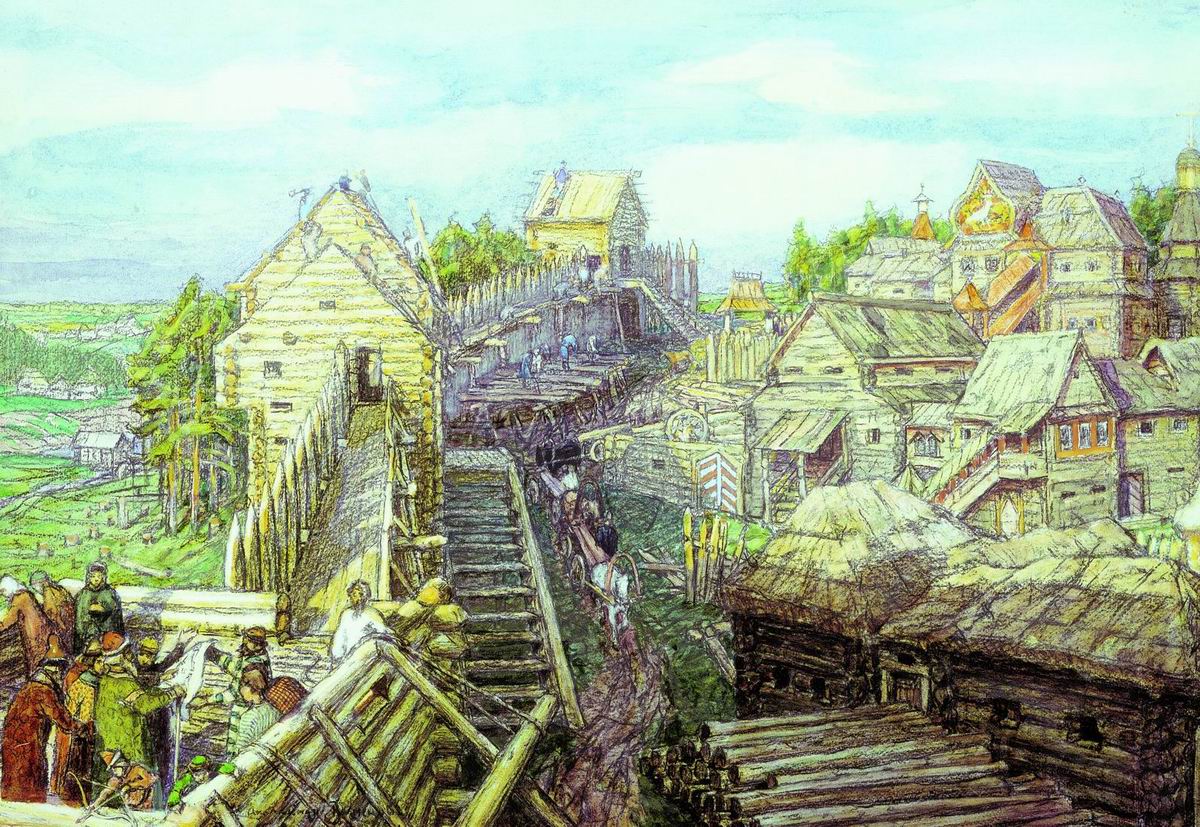 Васнецов А.. Строительство деревянных стен Кремля. XII век. 1903