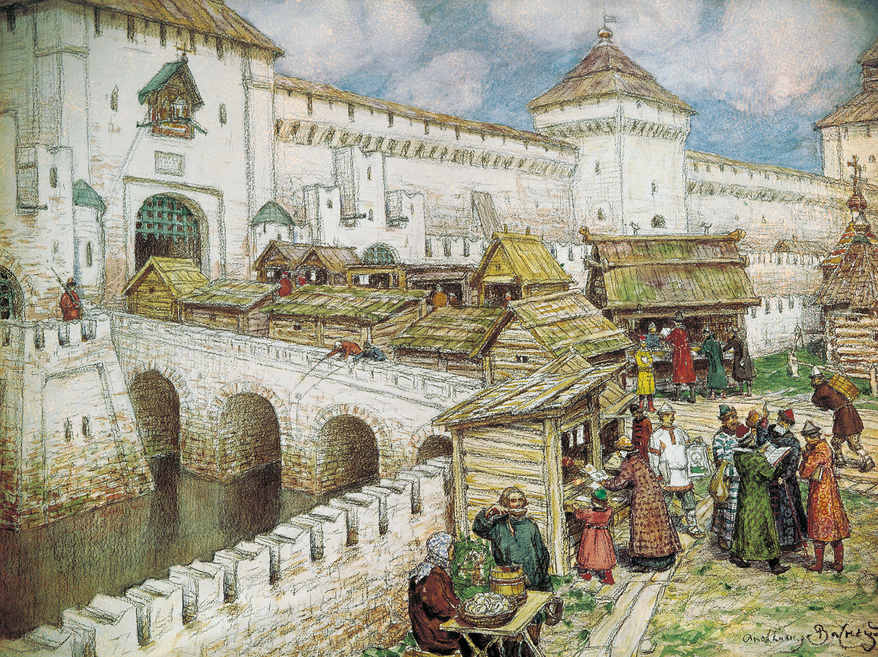 Васнецов А.. Книжные лавочки на Спасском мосту в XVII веке. 1916