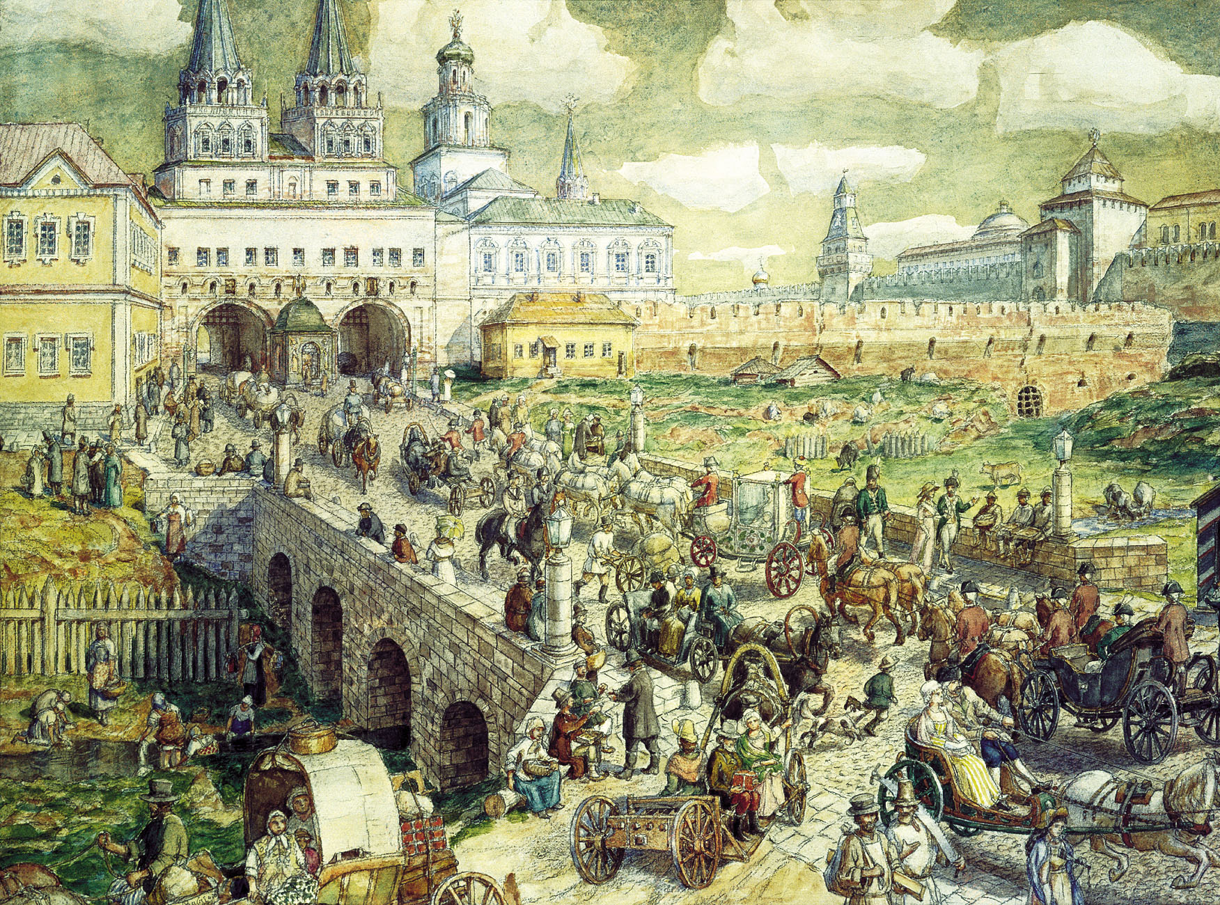Васнецов А.. Уличное движение на Воскресенском мосту в XVIII веке. 1926
