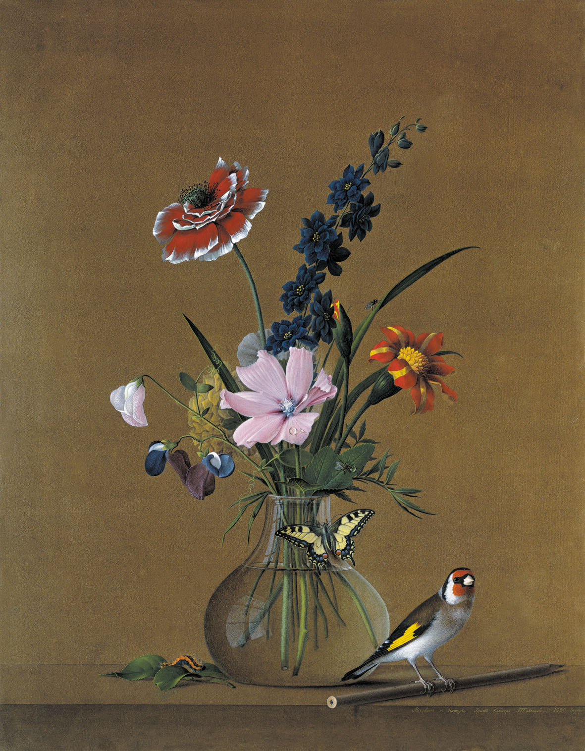 Толстой Ф.. Букет цветов, бабочка и птичка. 1820