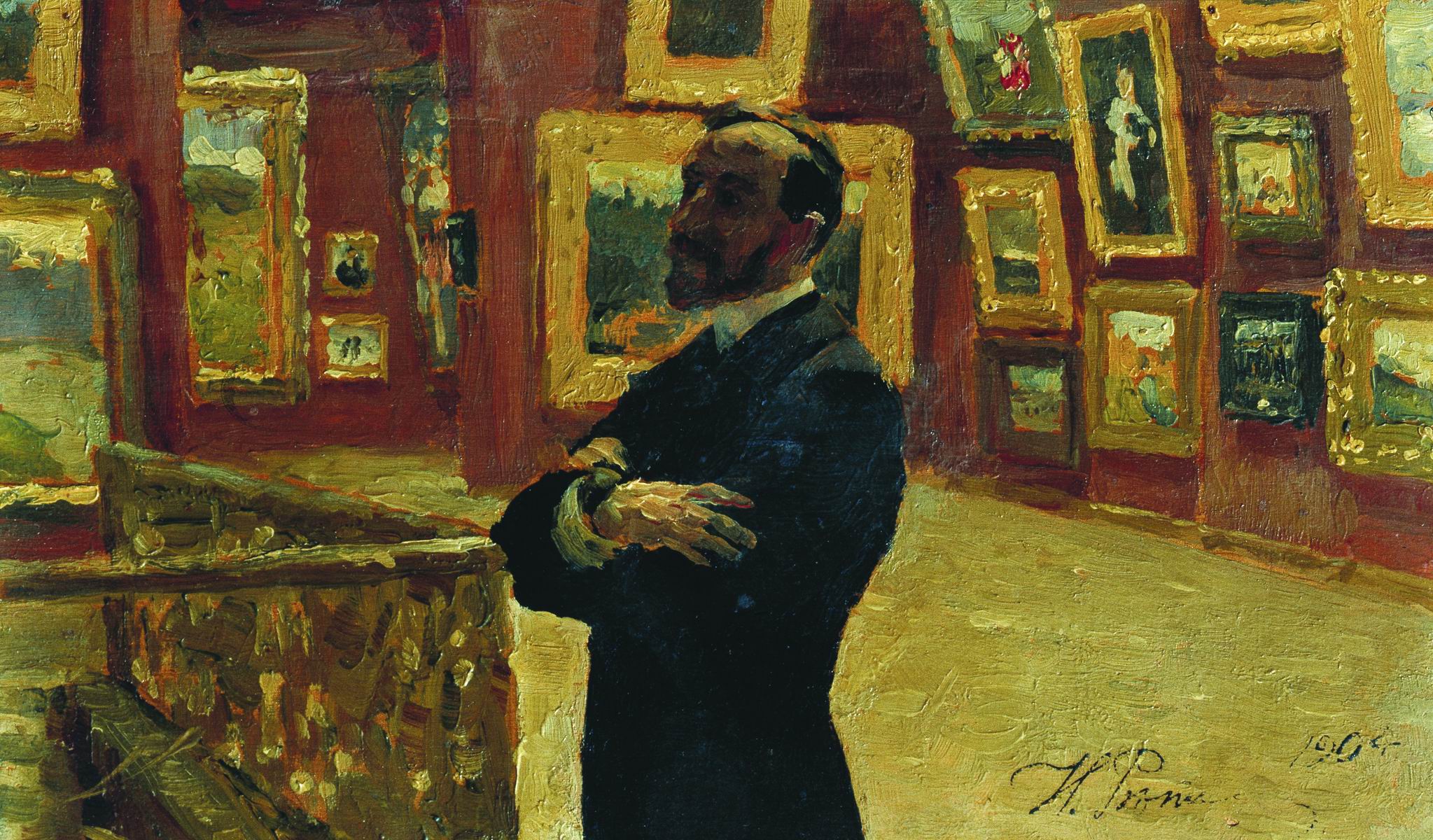 Репин И.. Н.А.Мудрогель в позе П.М.Третьякова в залах галереи. 1904