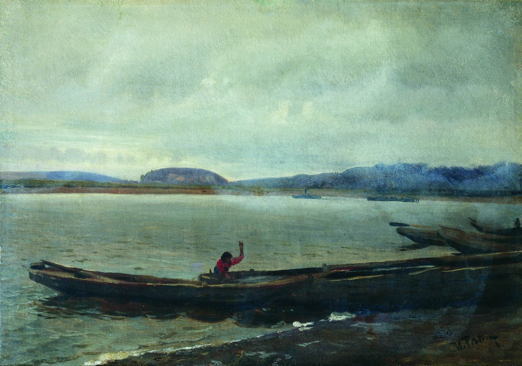 Репин И.. Волжский пейзаж с лодками. 1870