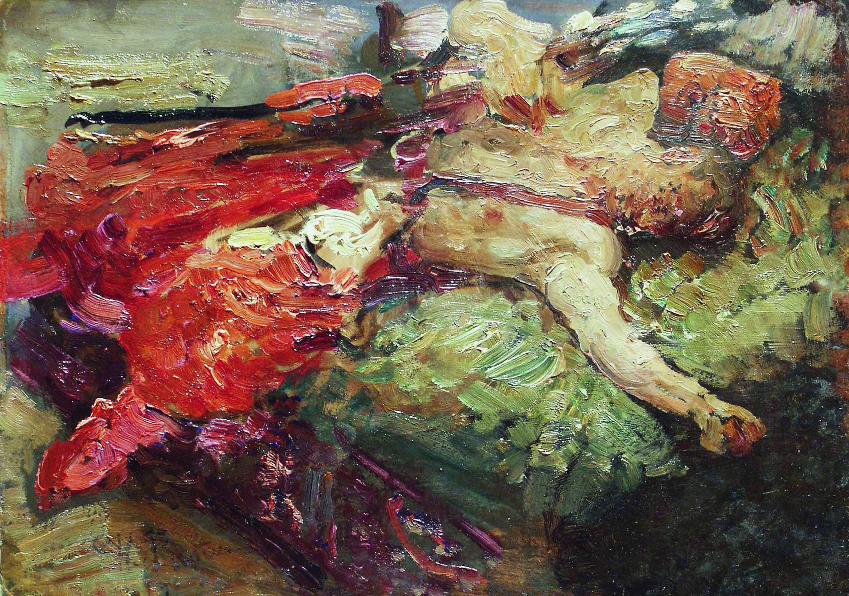Репин И.. Спящий казак. 1914