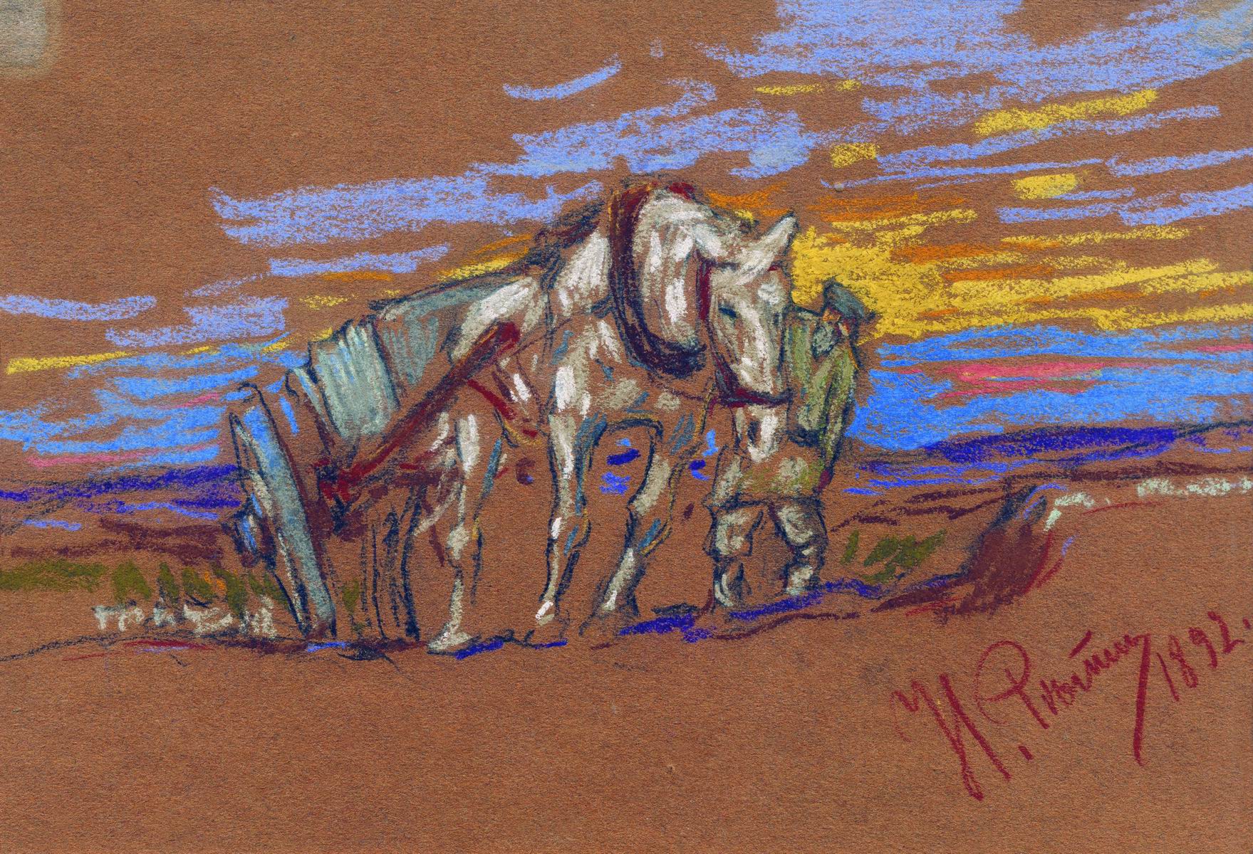 Репин И.. Везущая лошадь. 1892