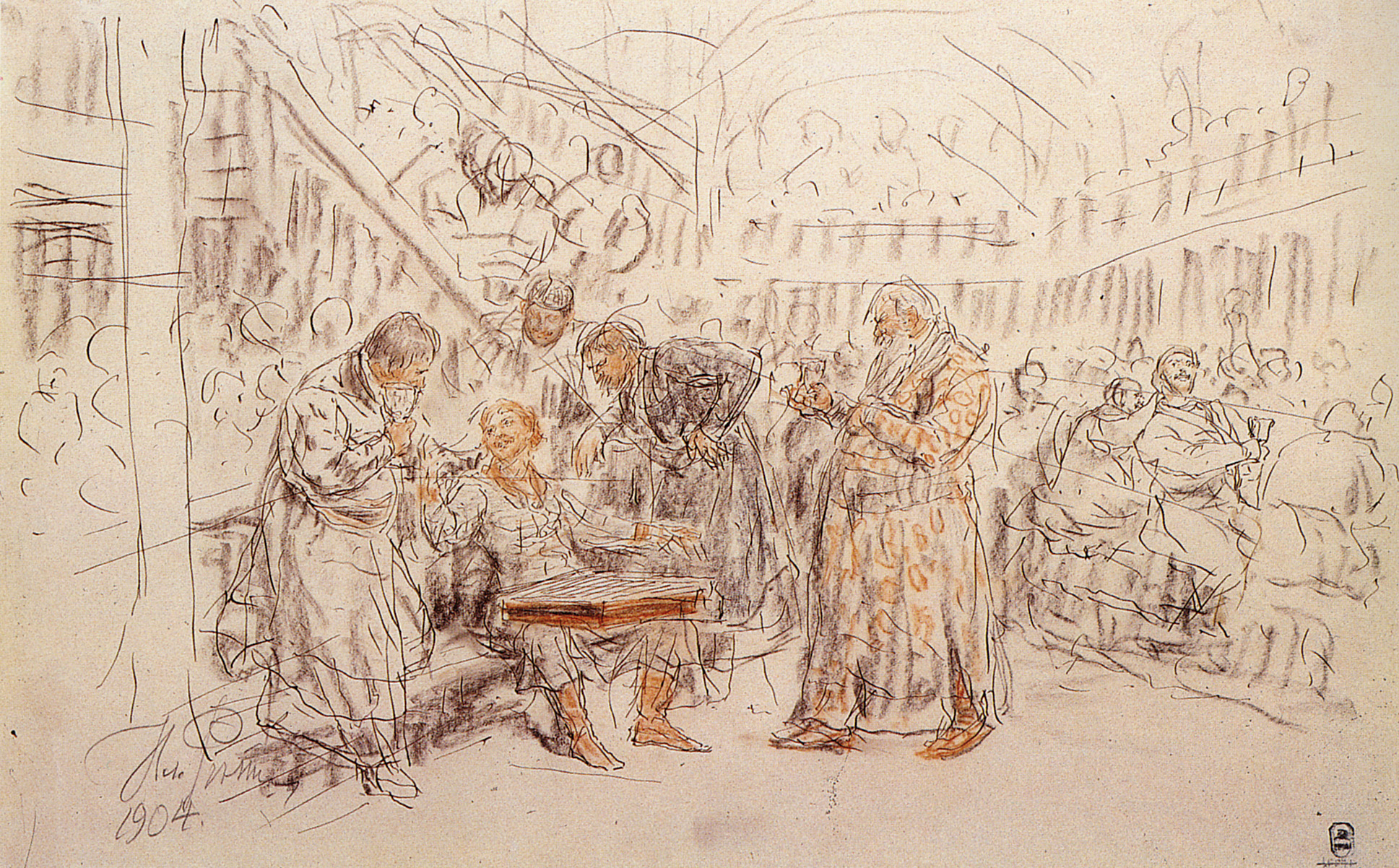 Репин И.. Садко-гусляр на пиру потешает новгородских купцов и бояр. 1904