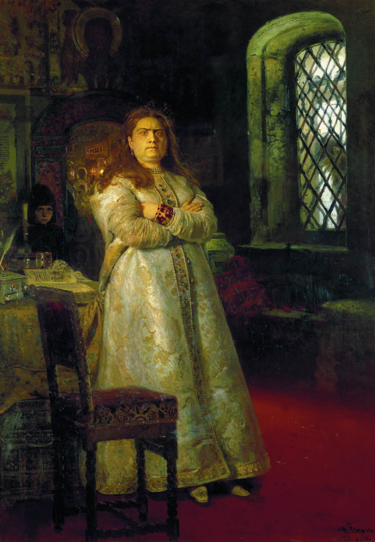 Репин И.. Царевна Софья Алексеевна через год после заключения ее в Новодевичьем монастыре, во время казни стрельцов и пытки всей ее прислуги в 1698 году. 1879