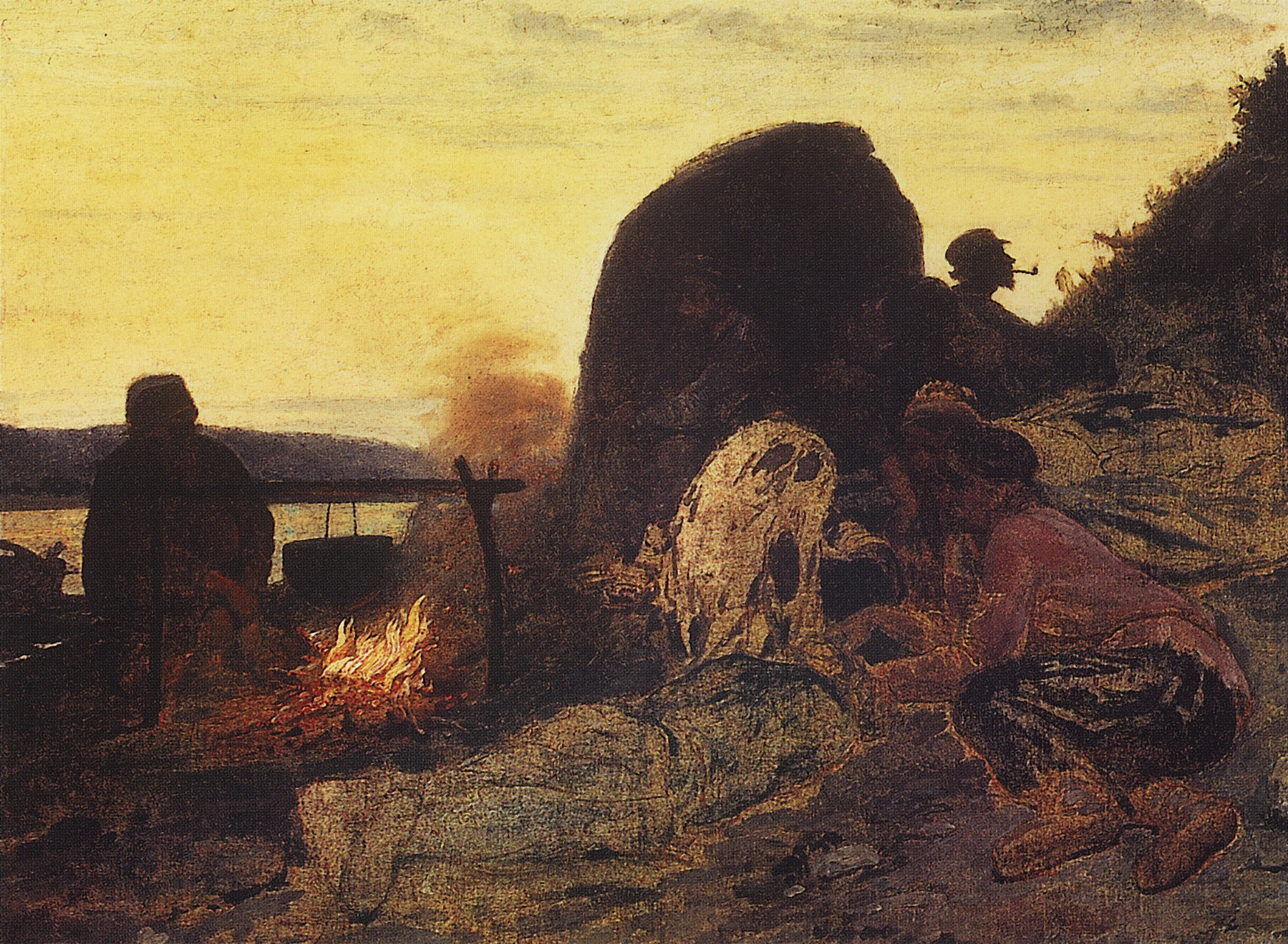 Репин И.. Бурлаки у костра. 1870-1872