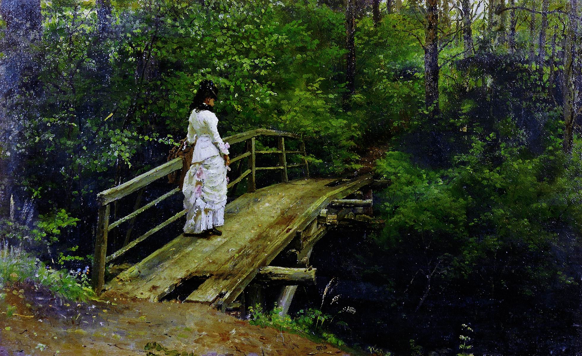 Репин И.. Летний пейзаж ( Вера Алексеевна Репина на мостике в Абрамцеве ). 1879