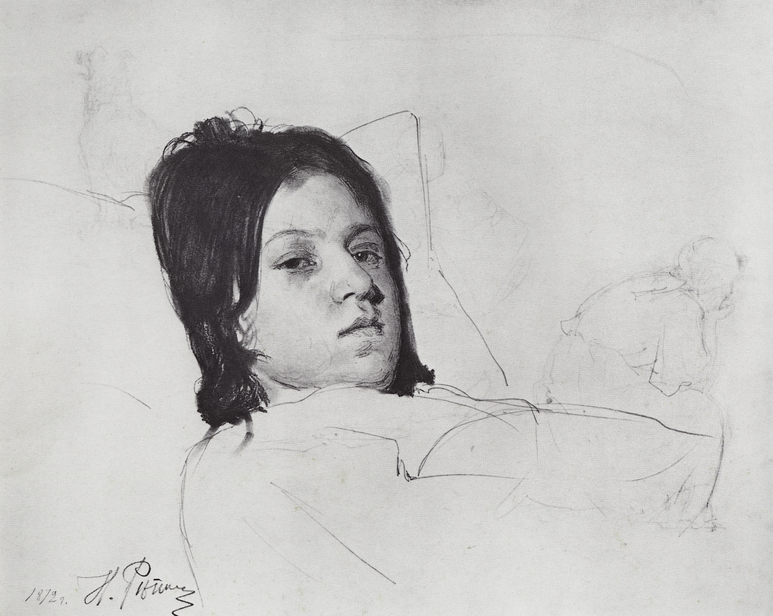 Репин И.. Женская голова (В.А.Репина, лежащая в постели). 1872