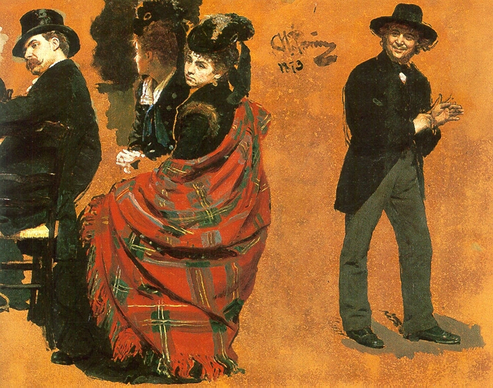 Репин И.. Мужчина и женщина за столиком. Мужчина, натягивающий перчатку. 1873