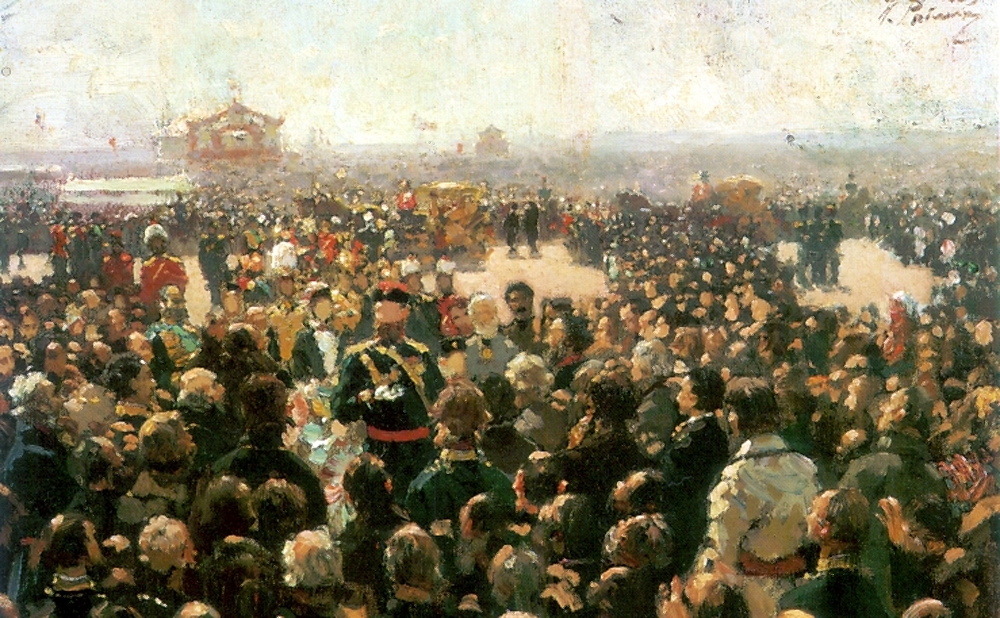 Репин И.. Прием волостных старшин императором Александром III во дворе Петровского дворца в Москве. 1885