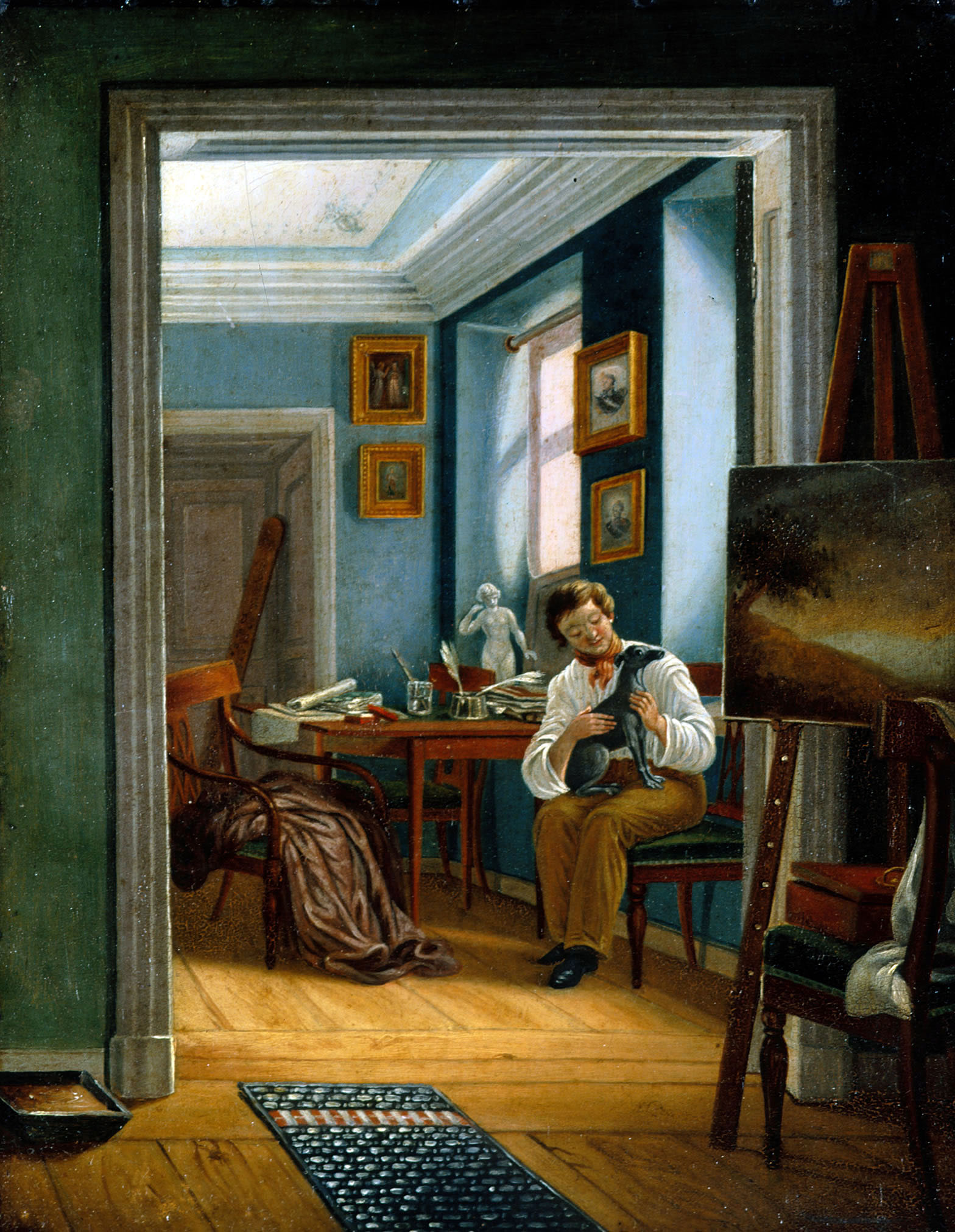 Зеленцов. Комната художника; в ней сидящий на стуле человек ласкает собаку. Не позднее 1830