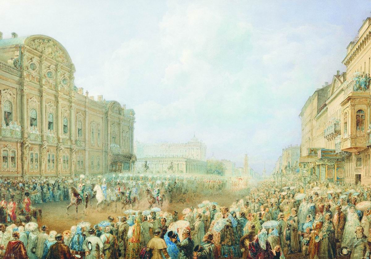 Садовников В.С.. Парад на Невском проспекте (возле дворца Белосельских-Белозерских). 1859