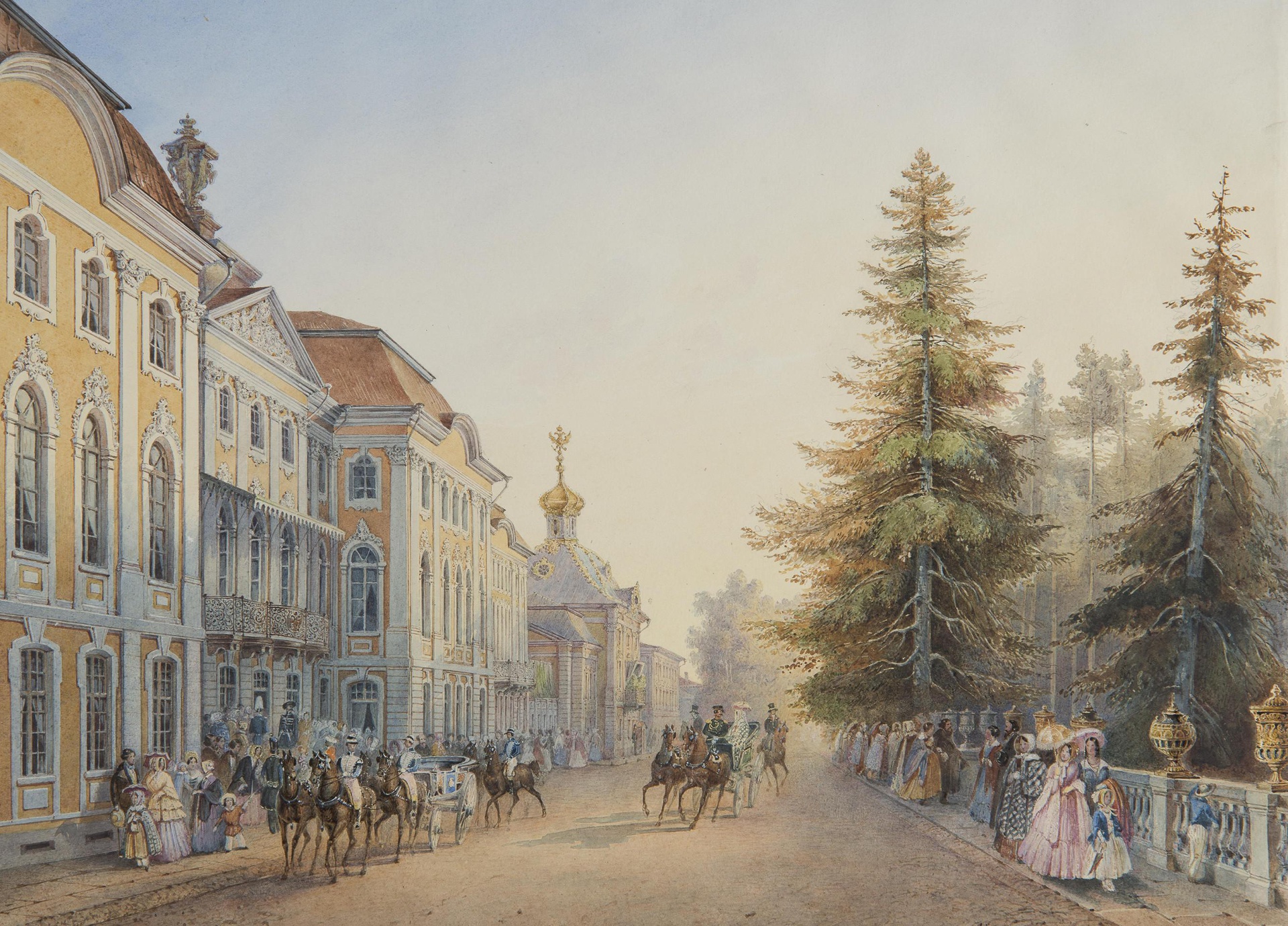 Садовников В.С.. Придворный выезд от главного подъезда Большого дворца в Петергофе. 1852