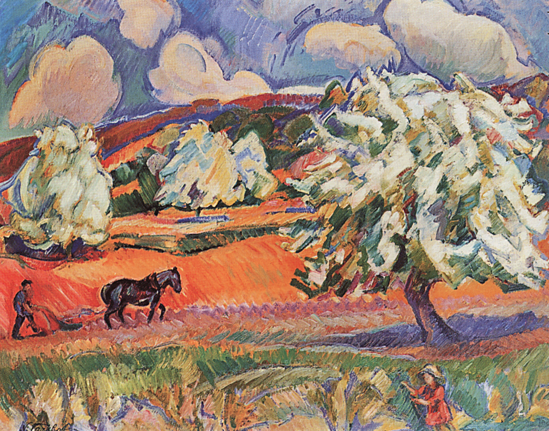 Тархов Н.. Крестьянин с плугом на фоне пейзажа с деревьями и цветами. 1908