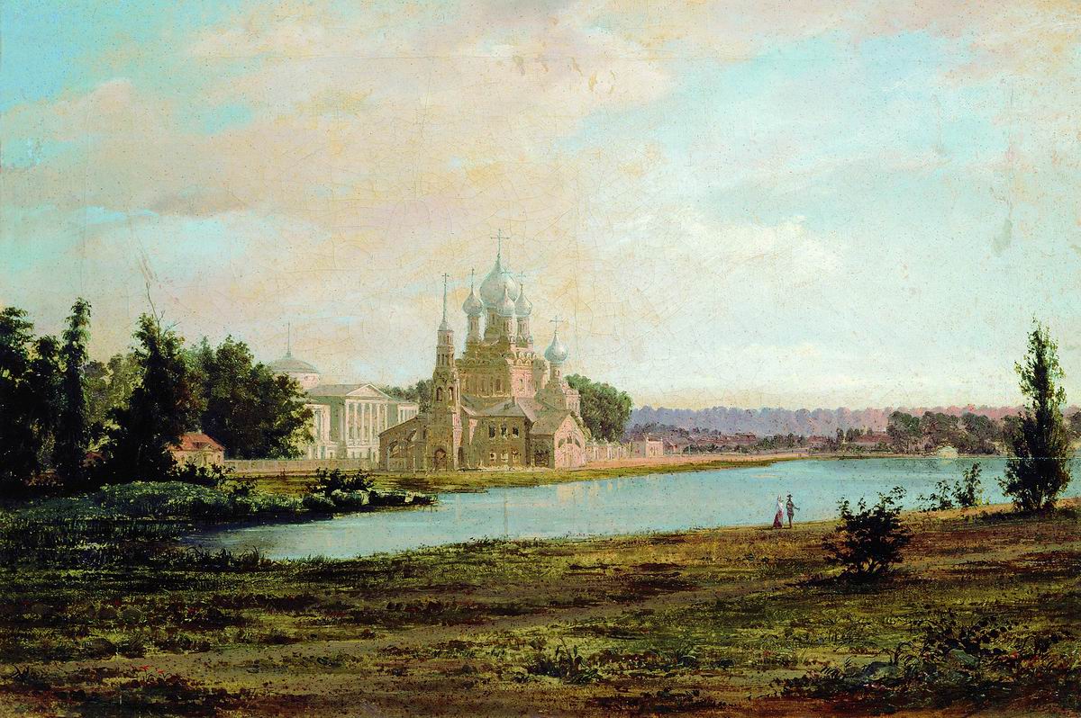 Раев. Вид пруда, церкви и дворца в подмосковной усадьбе гр.Шереметевых Останкино при утреннем освещении. Около 1858