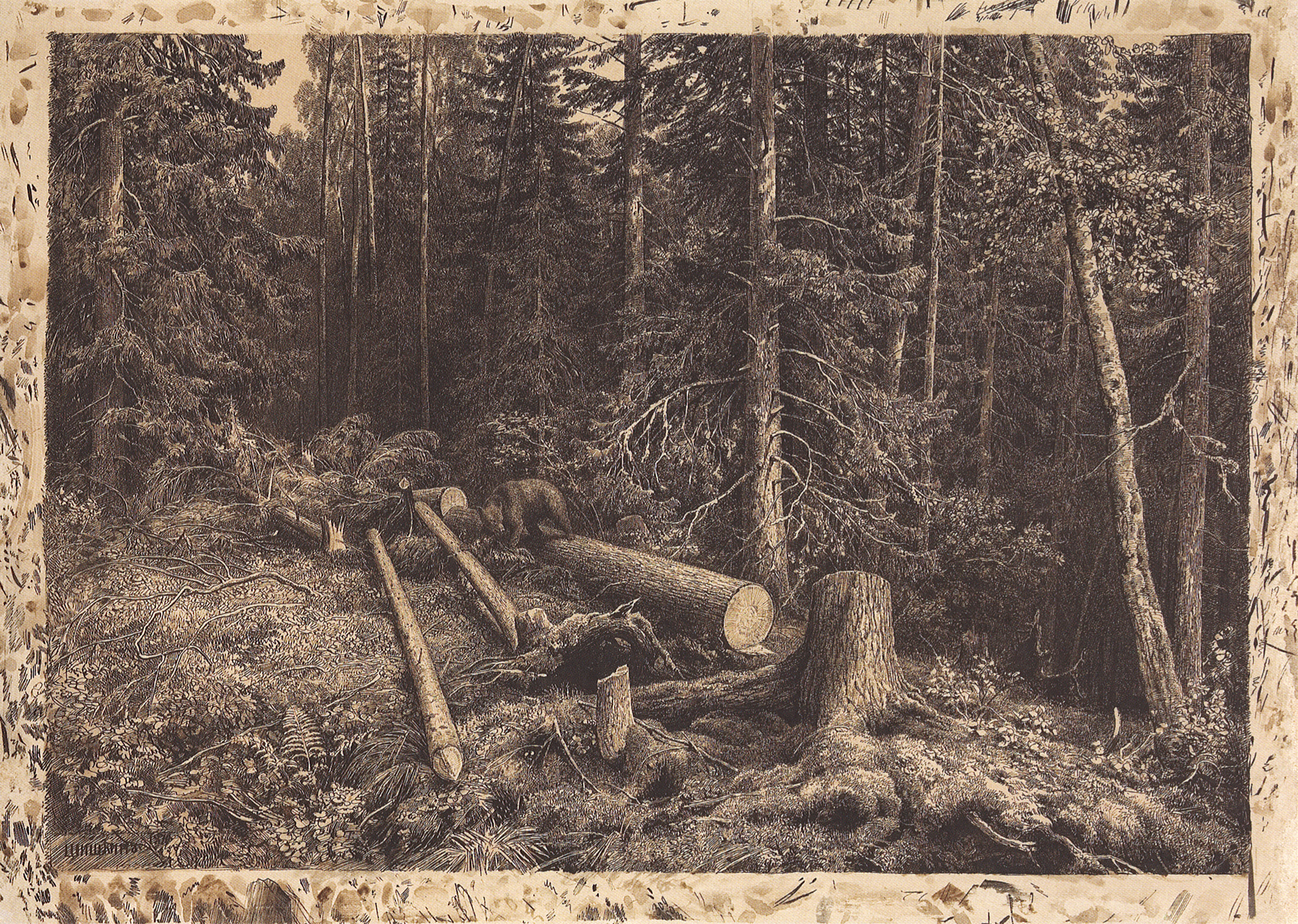 Шишкин. Срубленное дерево в лесу. 1870