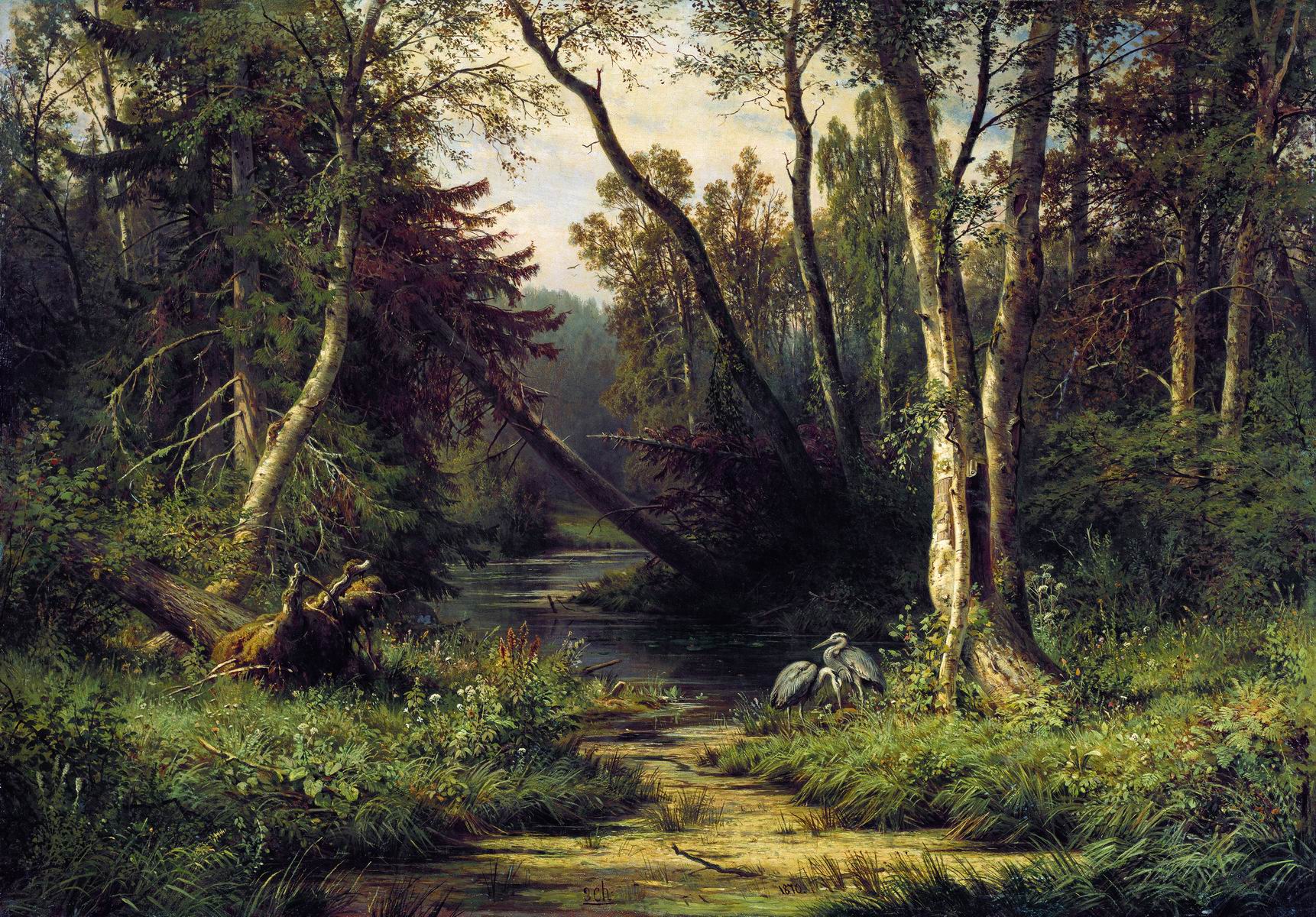 Шишкин. Лесной пейзаж с цаплями. 1870