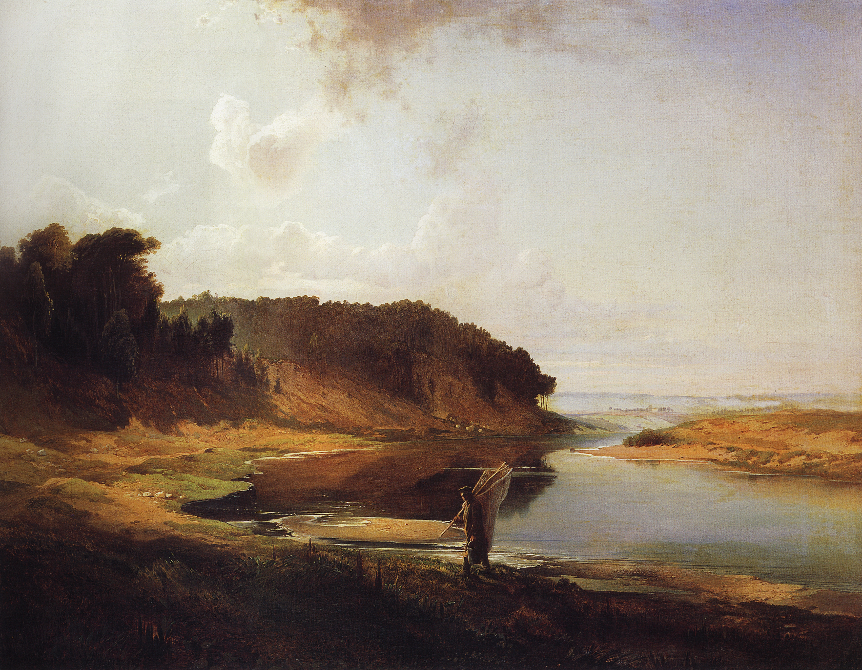 Саврасов. Пейзаж с рекой и рыбаком. 1859