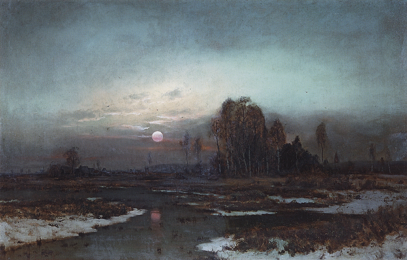 Саврасов. Осенний пейзаж с заболоченной рекой при луне. 1871