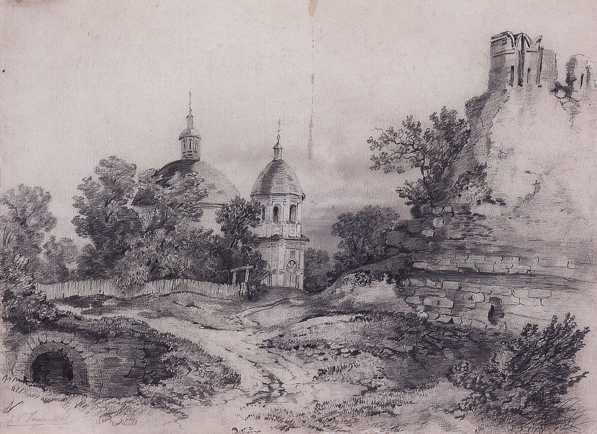 Саврасов. Пейзаж с церковью и руинами. 1861